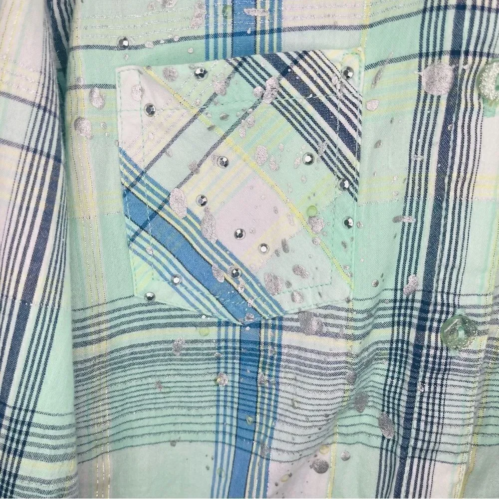 Justice Paint Splatter Silver Thread Plaid Button Down Shirt Green Blue 12
